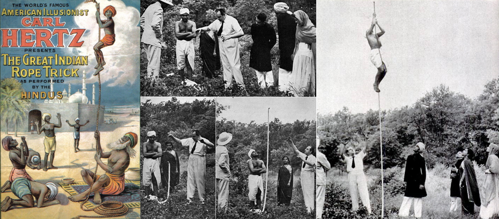 Plakat von Carl Hertz, Josef Dunninger mit Studenten beim Indischen Seiltrick, Vorführung mit Kamera-Tricks